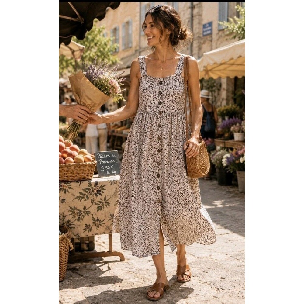 Japna Womens Beige Animal Print Cottagecore Button Up Midi Dress Size Medium